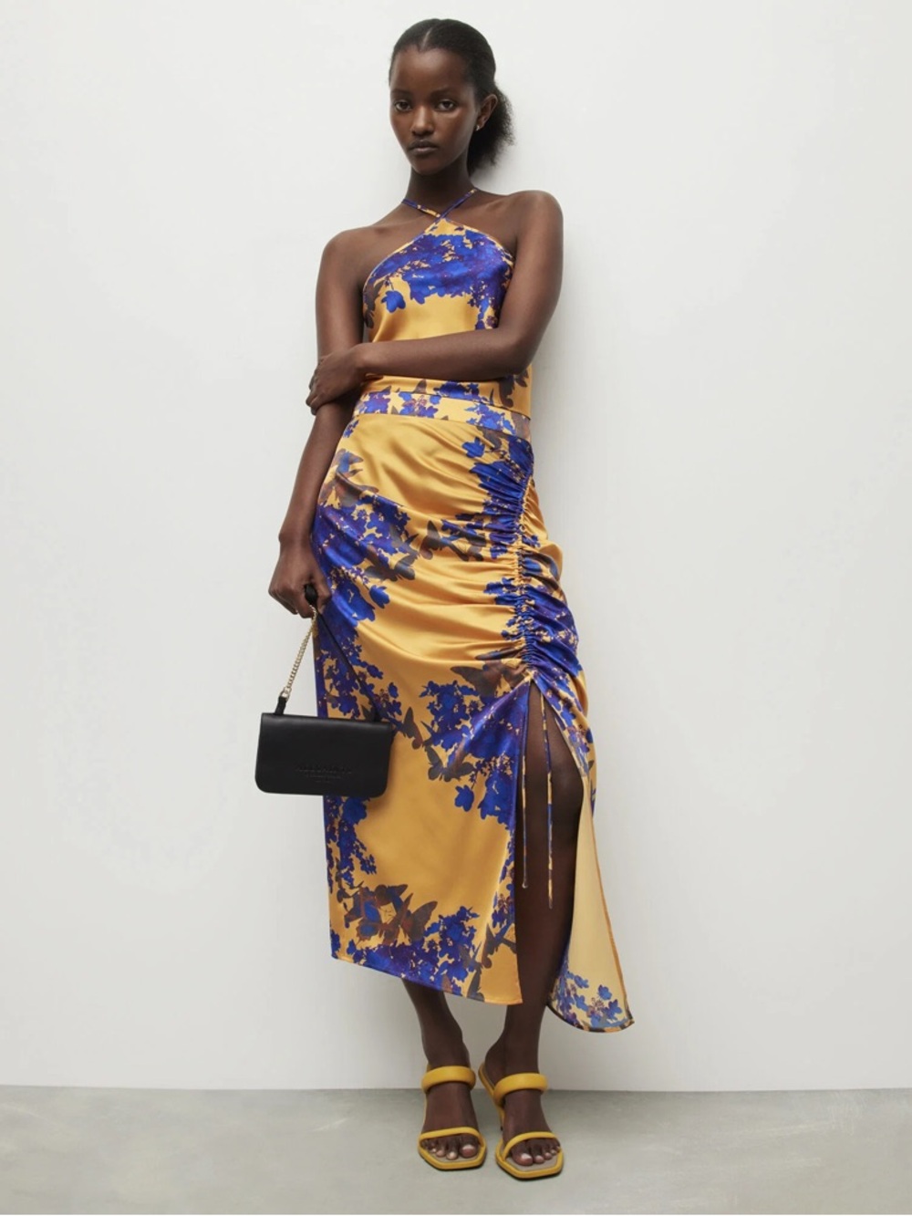 ALLSAINTS Carla Venetia Ruched Midi Skirt Gold Blue Floral Womens US 8 EUC
